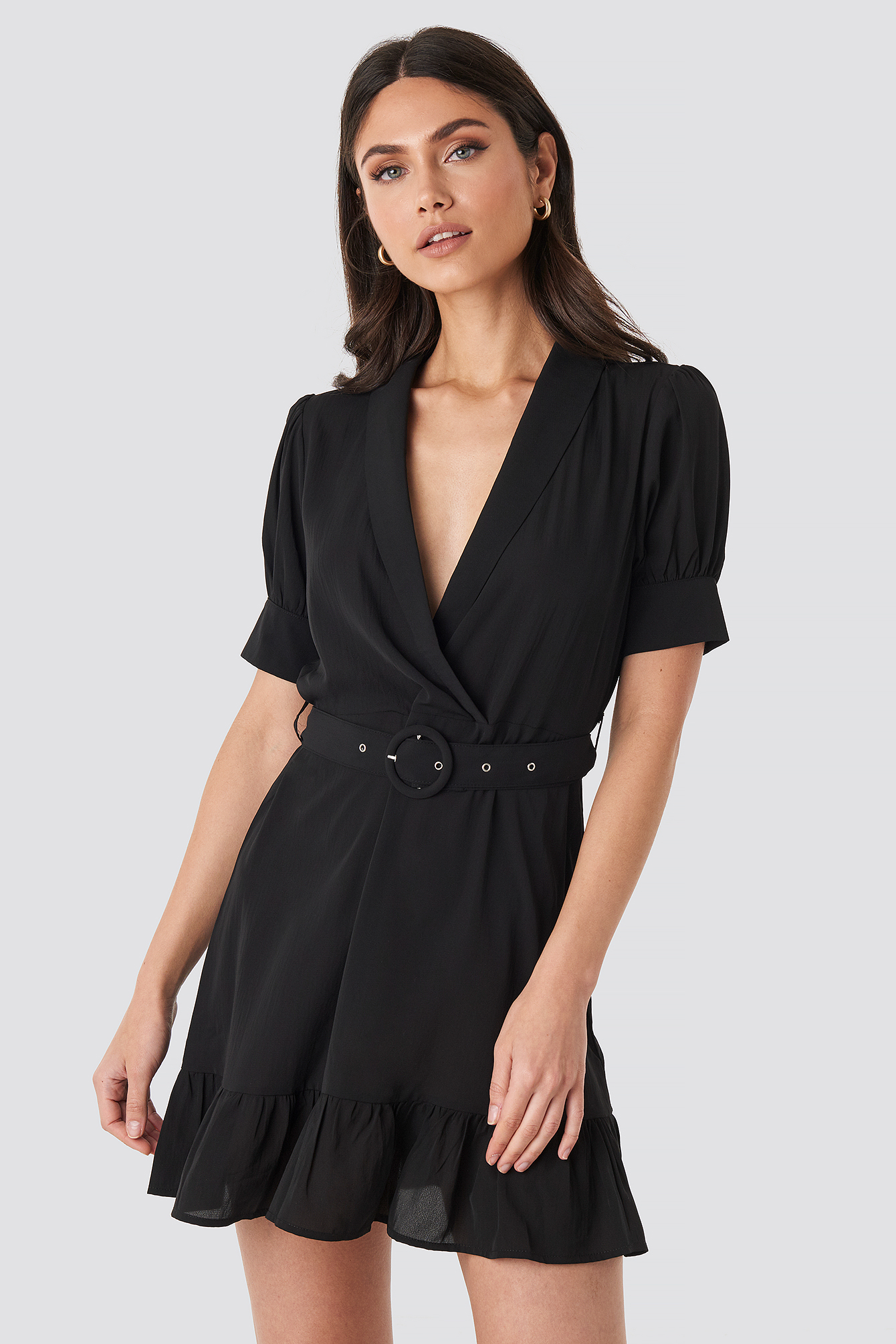 Belted Puff Sleeve Mini Dress Black ...